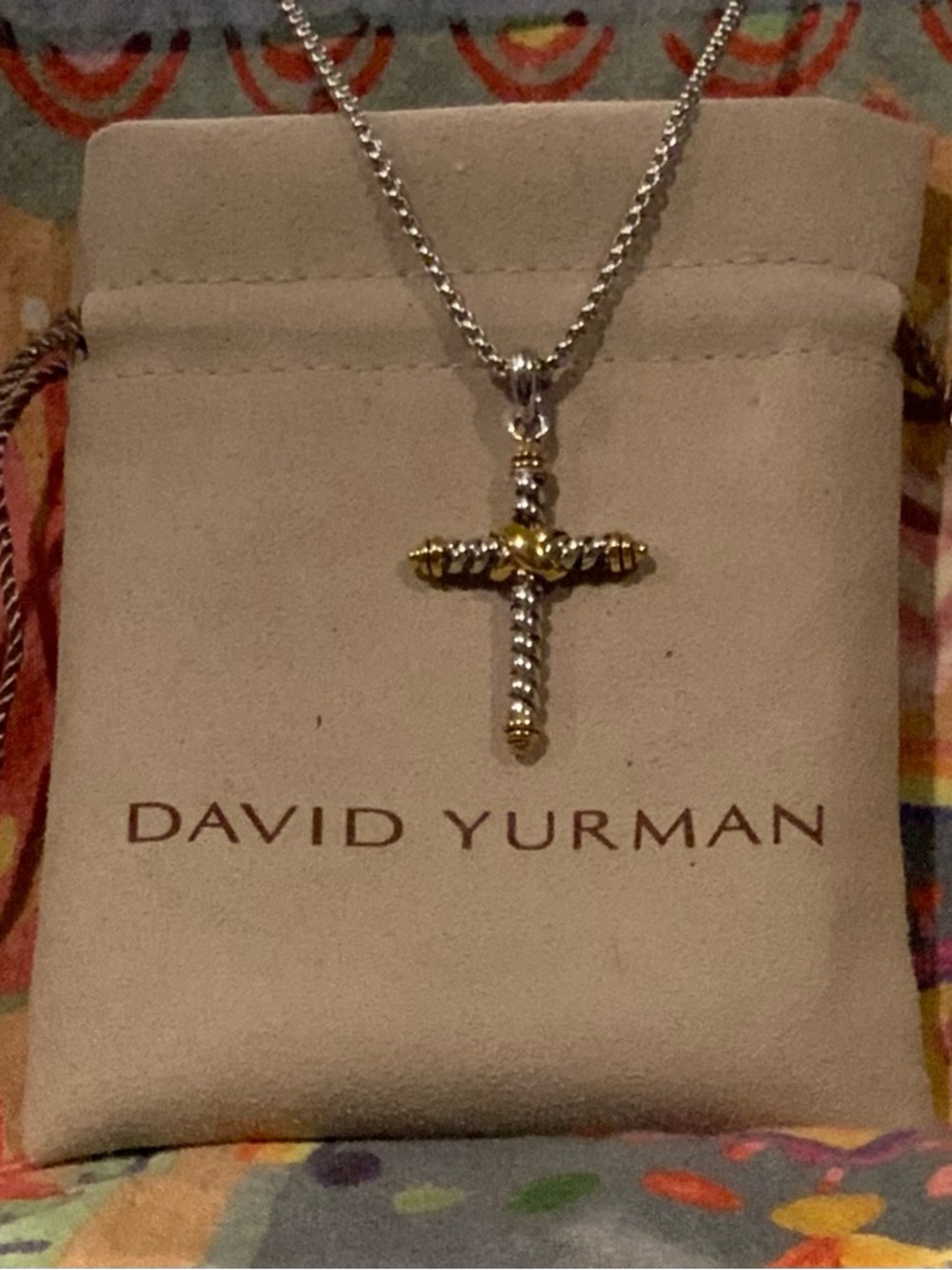 New David Yurman Two-Tone Cross Pendant Necklace in Silver and Gold
